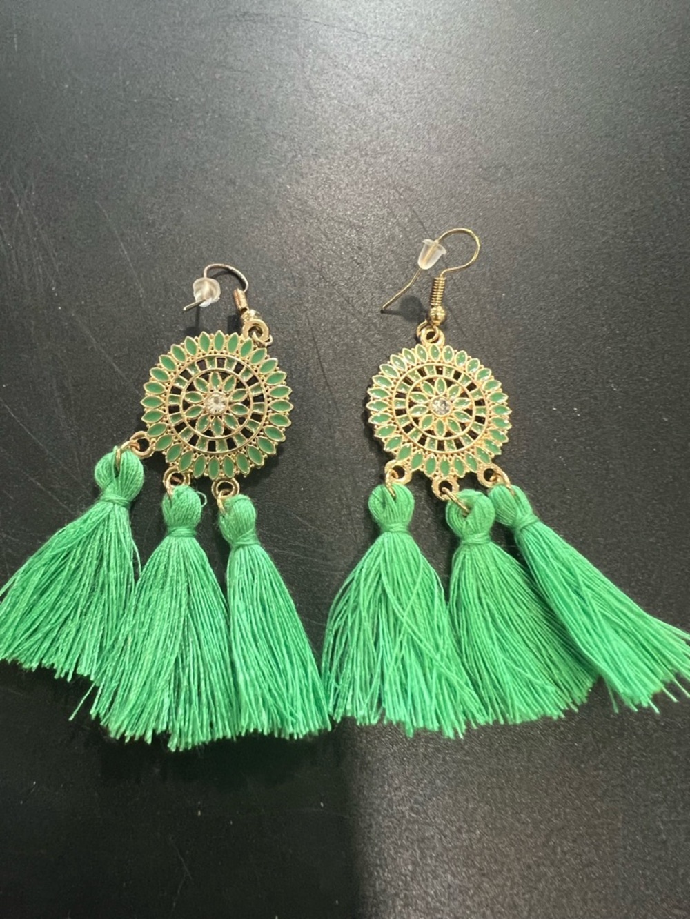 Green Tassel Medallion Drop Earrings - Brand Unspecified